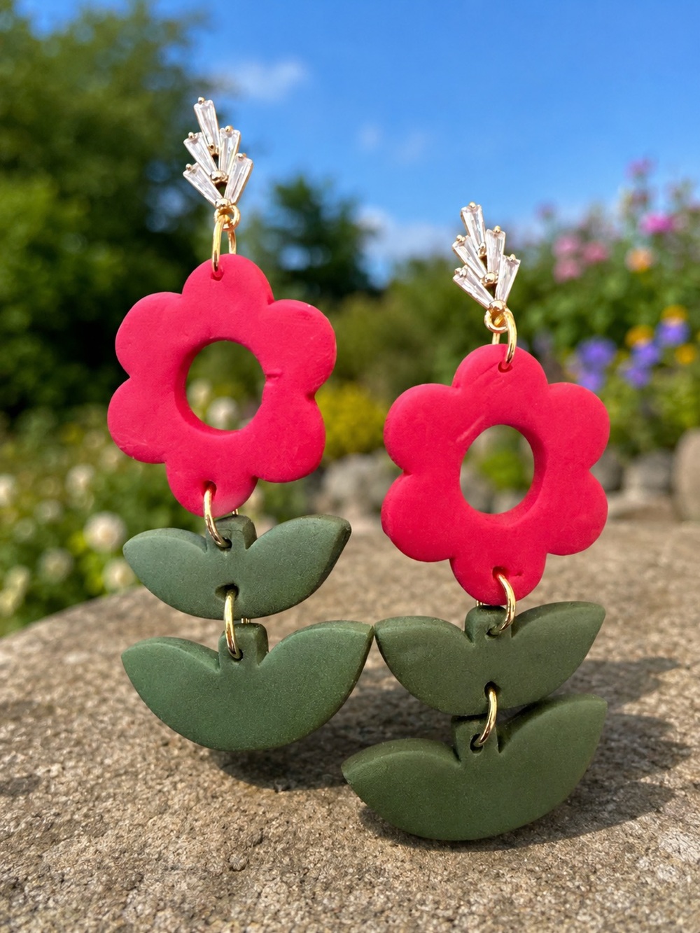 Pink Flower & Olive Green Leaf Drop Handmade Polymer Clay Earrings
